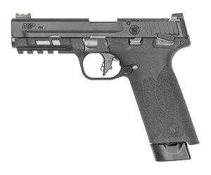 Black handgun with features and magazine.