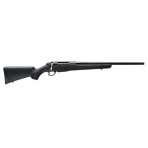 Side view of a sleek black rifle.