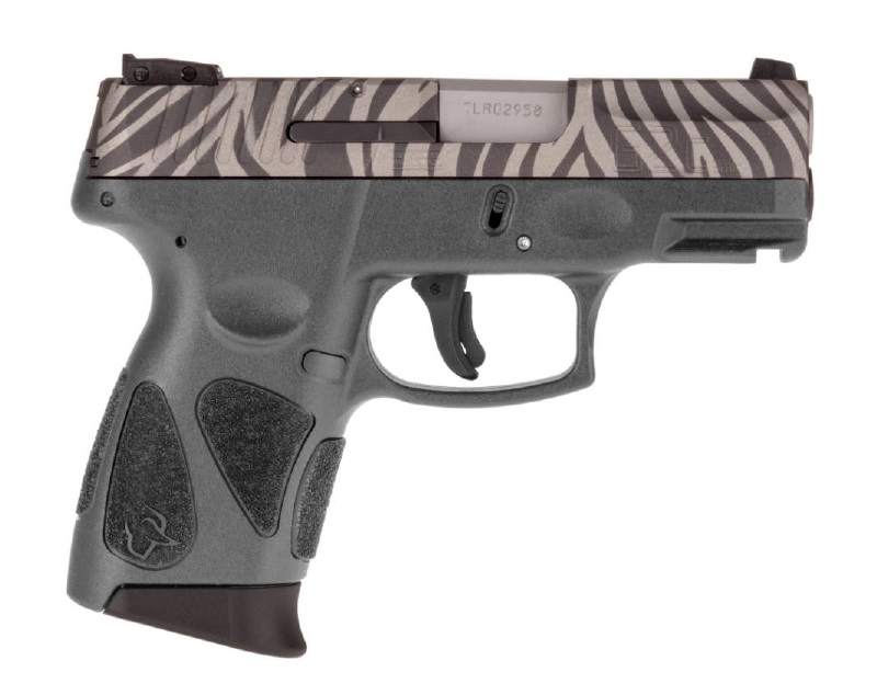 Side view of a zebra-striped handgun.