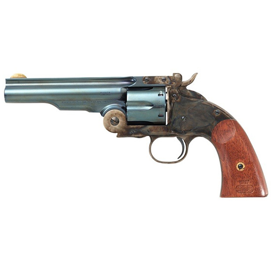 Antique revolver with wooden handle and metal barrel.