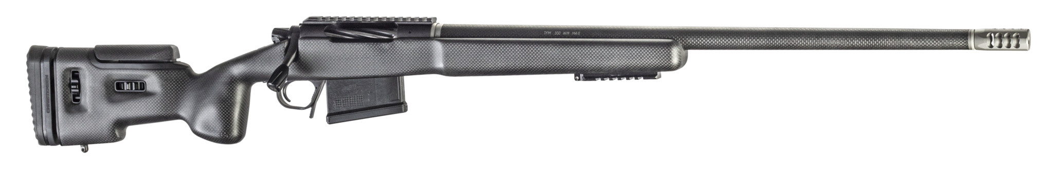 Side view of a black precision rifle
