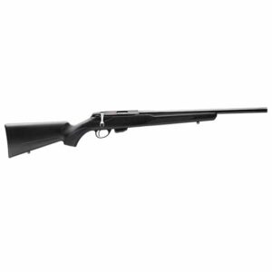Side view of a black rifle.