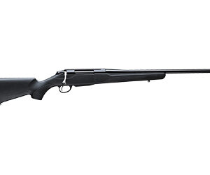 Black bolt-action rifle on a white background