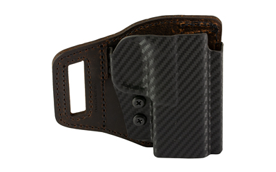 Brown leather holster with carbon fiber detail.