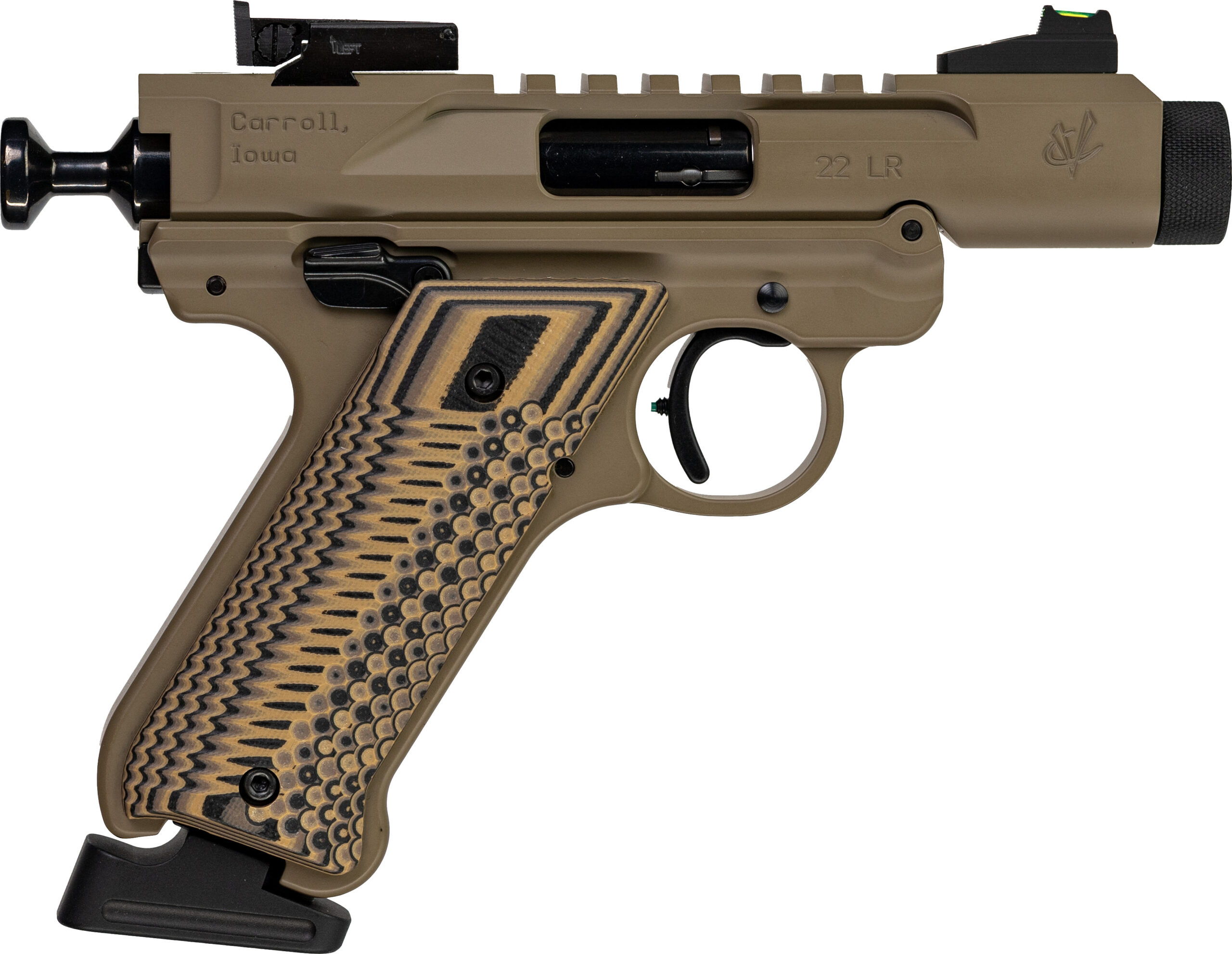 Detailed view of a modern pistol in tan color.