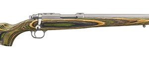 Colorful patterned hunting rifle side view.