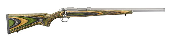 Colorful patterned hunting rifle side view.