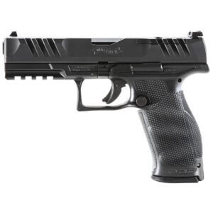 Walther handgun with textured grip and rail.