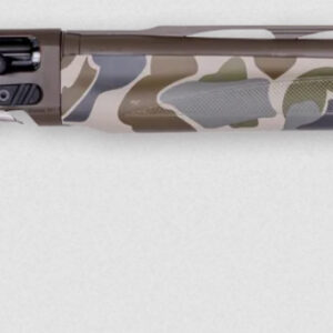 Camo-patterned shotgun displayed on a gray background.