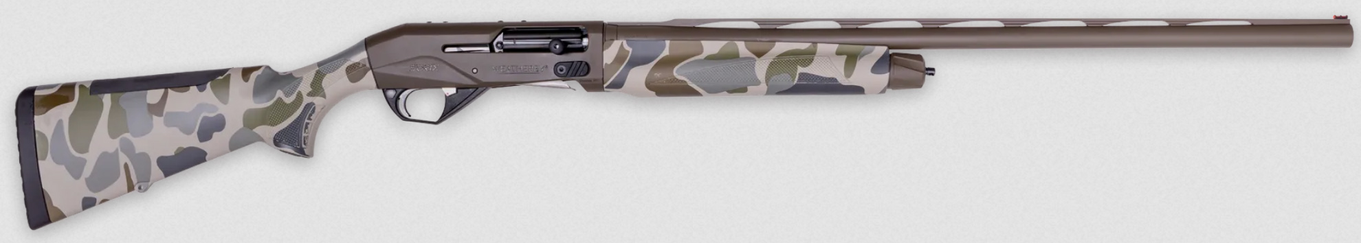 Camo-patterned shotgun displayed on a gray background.