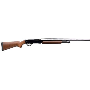Side view of a wooden shotgun.
