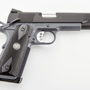 Black tactical handgun on white background.