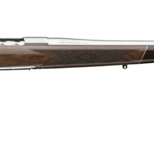 A sleek rifle with a wooden stock.