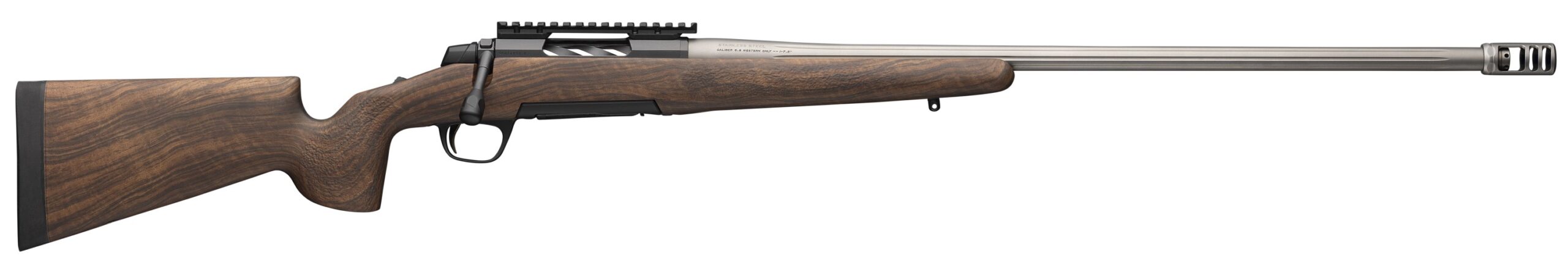 Side view of a modern hunting rifle.