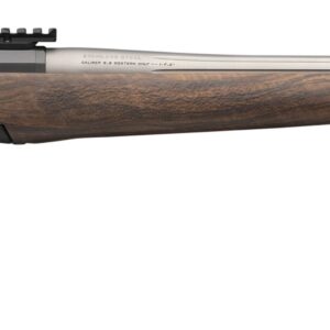 Side view of a wooden rifle with scope.