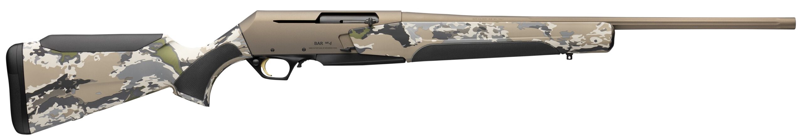 Camouflage hunting rifle with modern design.