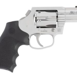 Silver revolver with a black handle.