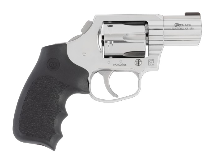 Silver revolver with a black handle.