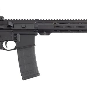 Side view of a modern black rifle.