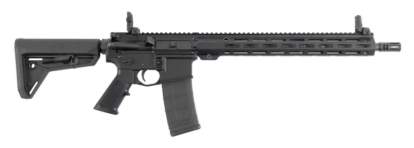 Side view of a modern black rifle.