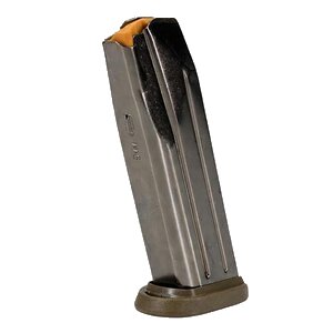 Metal magazine with orange base for firearms.