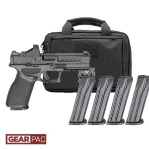 Handgun with four magazines and carrying case.