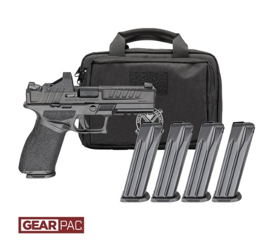 Handgun with four magazines and carrying case.