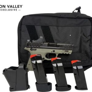 Firearm with magazines on a black pouch