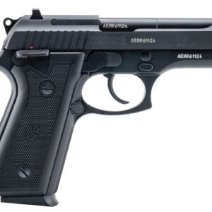 Black semi-automatic handgun on white background.