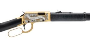 Decorative lever-action rifle with gold accents.