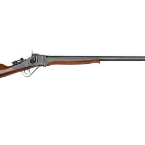 Side view of a wooden rifle with long barrel.