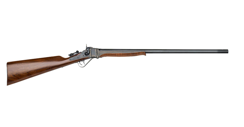 Side view of a wooden rifle with long barrel.