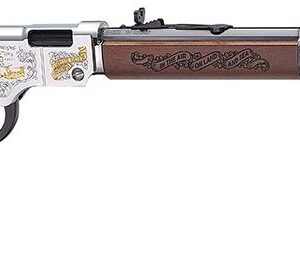 Decorative lever-action rifle with wood and metal design.