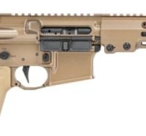 Tan military-style firearm with tactical features