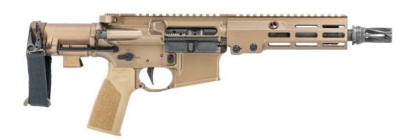 Tan military-style firearm with tactical features
