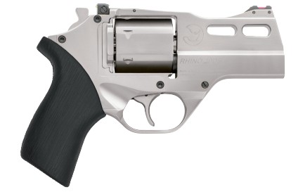 Silver revolver with a black grip.