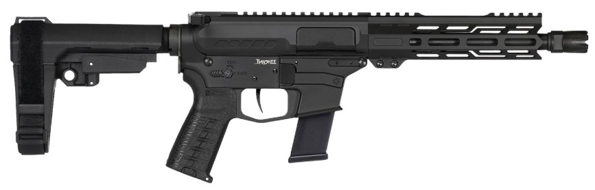 Side view of a modern firearm with accessories.