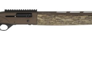 Side view of a tactical shotgun with camouflage stock.
