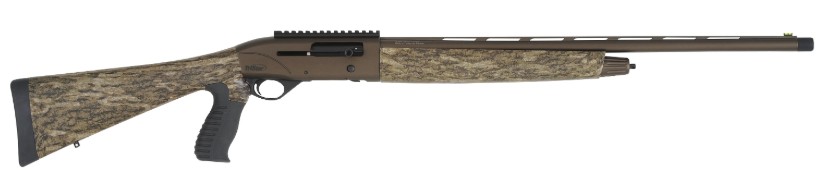 Side view of a tactical shotgun with camouflage stock.