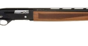 Side view of a shotgun with wooden stock.