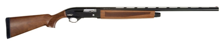 Side view of a shotgun with wooden stock.