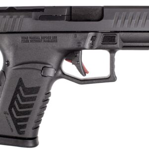 Black pistol with textured grip and safety features.