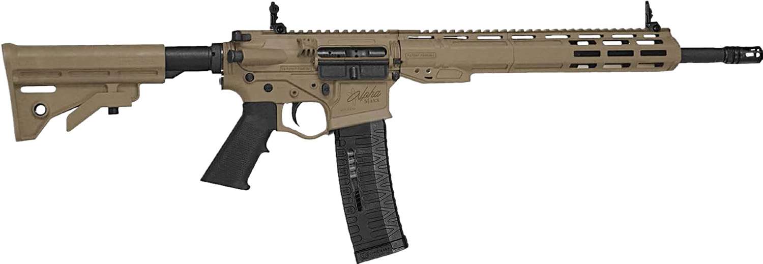Tan modern rifle with magazine and tactical features.