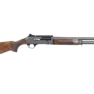 Side view of a shotgun with wooden stock.