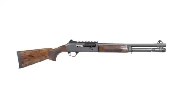 Side view of a shotgun with wooden stock.