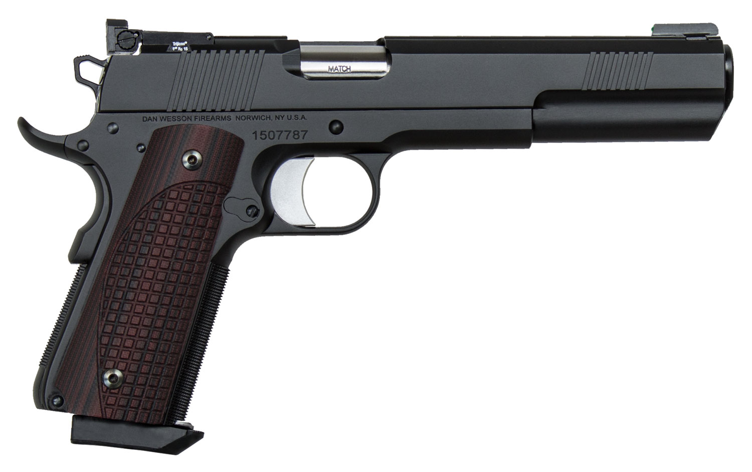 Black semi-automatic handgun with wood grip