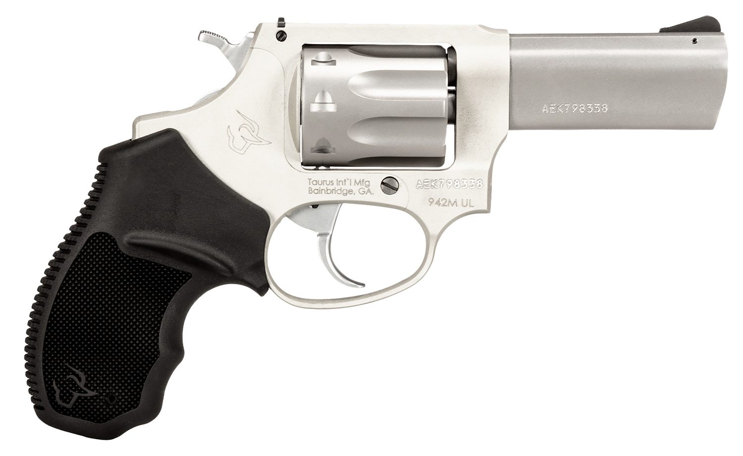 Close-up of a silver revolver handgun.