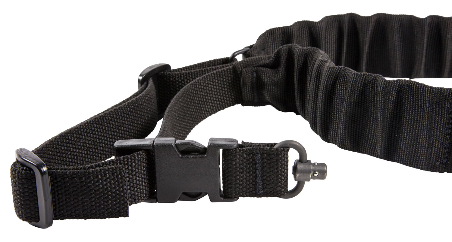 Black adjustable strap with secure buckle and clip.