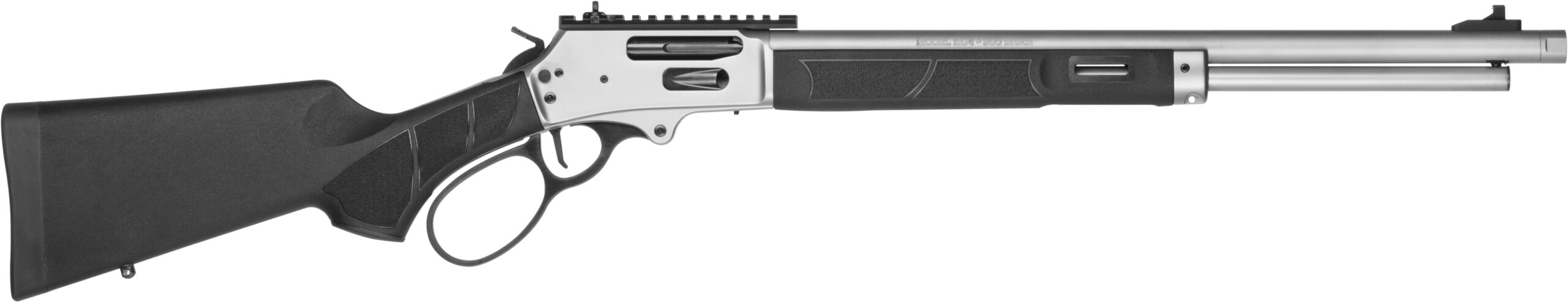 Side view of a modern lever-action rifle.