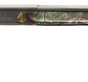Camouflaged rifle with silver barrel profile.